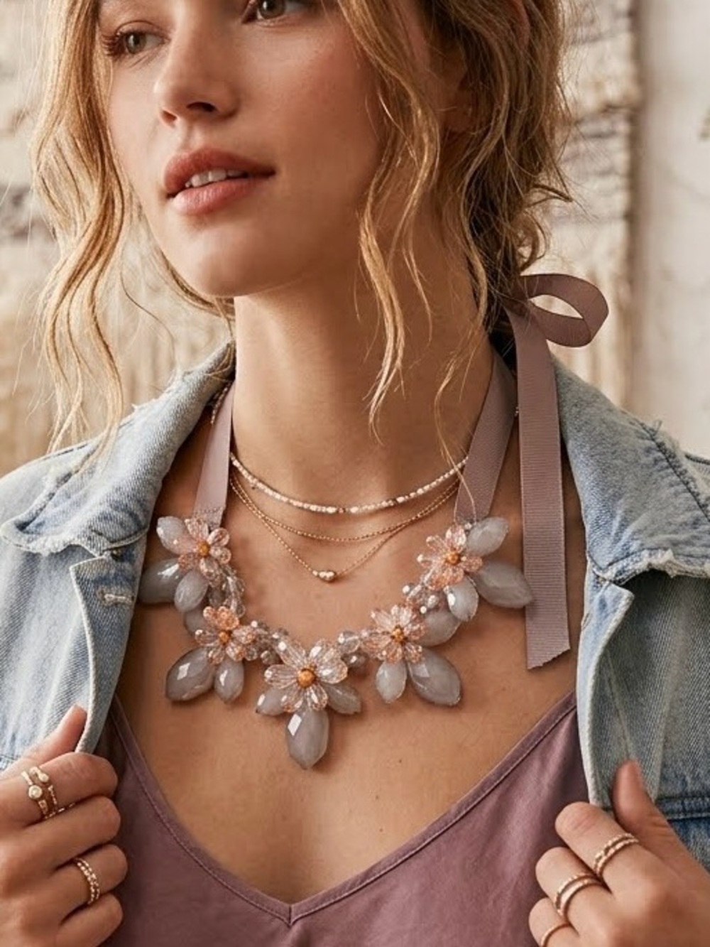 H&M Adjustable Ribbon Statement Necklace | Chunky Beaded Flower Stone Dusty Pink